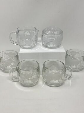Nestle Nescafé World Globe Etched Coffee Mugs, Lidded Sugar & Creamer Set